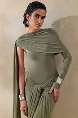Trisara | Olive Asymmetric-Neck Maxi Dress With Gathered-Detailing And Sash