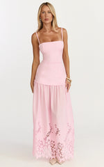 Everly Maxi Dress - Straight Neck Broderie Cut Out Hem Dress in Pink
