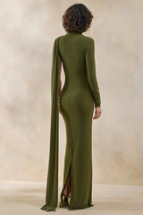 Oliria | Olive High-Neck Maxi Dress With One-Long Sleeve And Sash-Detail