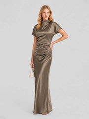 High Boat Neck Stain Maxi Dress With Ruched Detailing