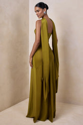Charly | Olive Satin Bandeau Maxi Dress With Scarf-Detail
