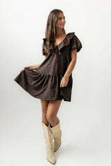 Tony Gingham Baby Doll Dress In Brown
