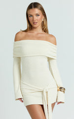 Rhianna Mini Dress - Knitted Off Shoulder Tie Waist Mini Dress In Cream