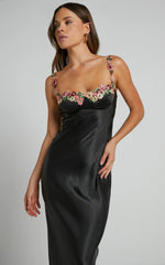 Harmony Maxi Dress - Floral Detail Cup Bust Satin Dress in Black