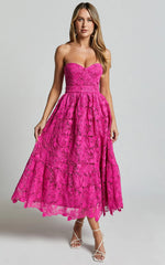 Gabriela Midi Dress - Strapless Lace Dress In Magenta
