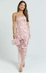 Sienna Maxi Dress - 3D Floral Strapless Column Dress In Pink