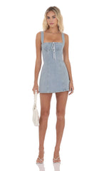 Denim Striped Bow Dress In Light Blue