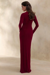 Karessa | Berry High-Neck Maxi Dress With Gathered Detailing And Front-High Split
