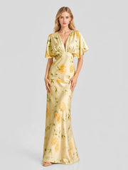 Floral Print Satin Plunge-Neck Maxi Dress