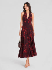 Halter V-neck Drop Waist Georgette Midi Dress