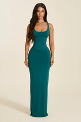 The Sandra Scoop Corset Maxi Dress in Teal