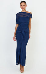 Nicolette Maxi Dress - Cape Sleeve Off Shoulder Dress in Navy