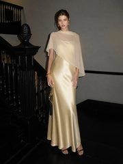 Romantic Drape Asymmetric Cape Satin Maxi Dress