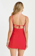 Gigi Mini Linen Blend Dress - Sweetheart Tie Back Scallop Detail Dress in Red