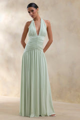 Bettina | Sage Plunge-Neck Maxi Dress With Gathered-Detailing