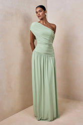 Emberly | Green Draped Asymmetric-Neck Maxi Dress With Drop-Waist