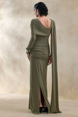 Trisara | Olive Asymmetric-Neck Maxi Dress With Gathered-Detailing And Sash