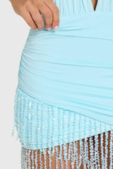 Fringed Halterneck Mini Dress in Aqua