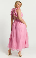 Marielly Midi Dress - Side Cut Out V Neck Ruffle Detail Sleeve Dress in Pink
