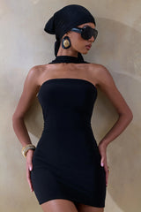 Caresse | Black Bandeau Mini-Dress With Scarf-Detail