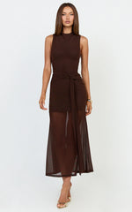 Jaimae Midi Dress - High Neck Side Knot Detail Mesh Dress In Chocolate