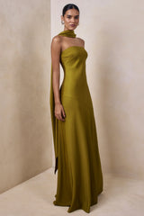 Charly | Olive Satin Bandeau Maxi Dress With Scarf-Detail