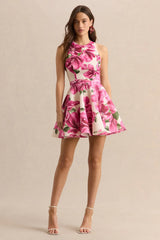Waverly | Pink Rose Print Racer-Neck Sleeveless Skater Mini Dress