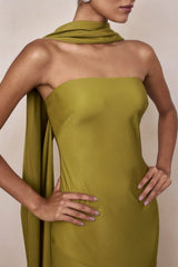 Charly | Olive Satin Bandeau Maxi Dress With Scarf-Detail
