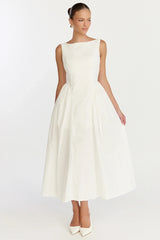 Casina Midi Dress - Boat Neck Tie Back Fit And Flare Dress in Off White