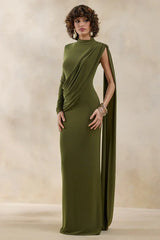 Oliria | Olive High-Neck Maxi Dress With One-Long Sleeve And Sash-Detail