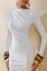 Karessa | Cream High-Neck Maxi Dress With Gathered Detailing And Front-High Split