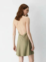 Sleek Bias-Cut Satin Halterneck Mini Dress