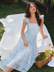 Tiered Vertical Lace Maxi Dress with Square Neckline