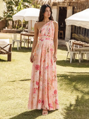 Bouquet Floral A-Line One Shoulder Chiffon Dress