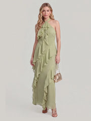 Halterneck Flowy Tiered Ruffle Maxi Dress