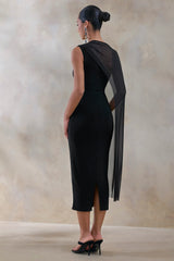 Caloria | Black Asymmetric-Neck Midi Dress With Mesh-Cape