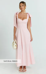Tymia Midi Dress - Shoulder Tie Bustier Shirred Back A Line in Pink