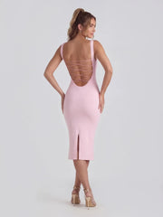Lace trimmed backless midi dress