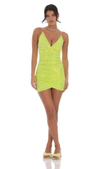 Sequin Ruched Overlay Dress in Lime Green