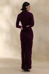 Harmona | Dark Plum High-Neck Maxi Dress With Gathered And Draped-Detailing