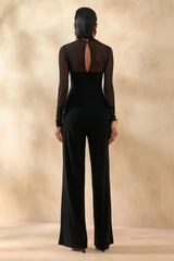 Emeria | Black High-Neck Jumpsuit With Long Mesh-Sleeves