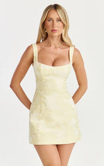 Orla Mini Dress - Jacquard Scoop Neck Fitted Dress in Lemon