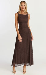 Abby Midi Dress - High Neck Asym Detail Dress in Chocolate