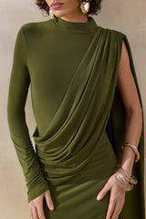 Oliria | Olive High-Neck Maxi Dress With One-Long Sleeve And Sash-Detail