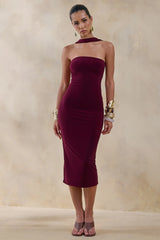 Amariah | Burgundy Bandeau Midi Dress With Scarf-Detail