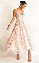 Amalie The Label - Lou V Neck Embroidered Tulle Midi Dress - In Blush