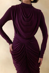 Harmona | Dark Plum High-Neck Maxi Dress With Gathered And Draped-Detailing
