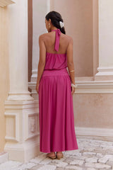Camellia Mesh Halter Maxi Dress Magenta