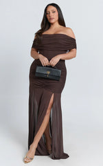 Alanna Maxi Dress - Off Shoulder Ruched Mesh Dress in Chocolate