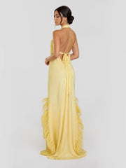 Feather Trim Halter Chiffon Maxi Dress